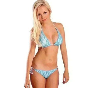 NWT DIPPIN DAISYS 1718 Two Piece Lace Overlay Top / Bottom Bikini, Aqua, Size M